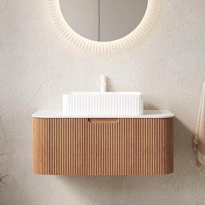 36'' Bathroom Vanities Cabinet with Sink, Wall Mounted Floating Cabinet W/Curved Edges Stripes, Oak Plywood, Soft-close System with a Drawer, White Rectangular Ceramic Basin - Kiel, Natural Wood/W