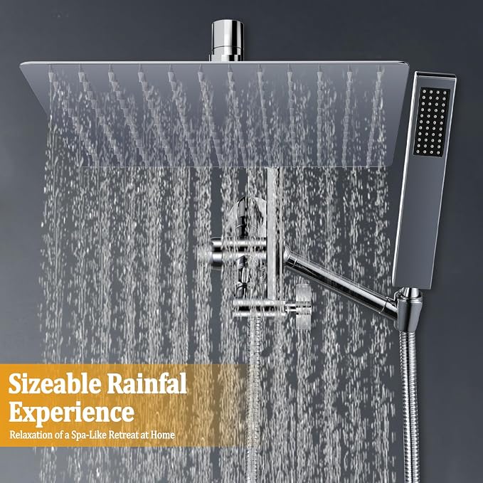 All Metal 12" Rainfall Shower Head with Handheld Spray Combo, High Pressure Rain Shower Heads with Adjustable Extension Arm, Wide Dual Waterfall Showerhead, Extra Long Shower Hose - Polished Chrome