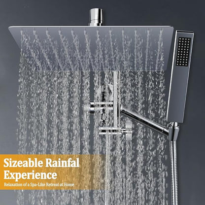 All Metal 12" Rainfall Shower Head with Handheld Spray Combo, High Pressure Rain Shower Heads with Adjustable Extension Arm, Wide Dual Waterfall Showerhead, Extra Long Shower Hose - Polished Chrome
