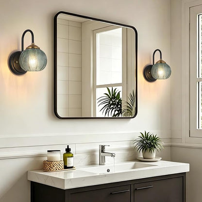 Mecgirn Bathroom Vanity Light Fixtures, 1-Light Green Glass Shade, Modern Black and Gold Wall Sconce, Unique Textured Leaf Pattern, Ceramic E26 Sockets Wall Mounted for Mirror, Cabinet, Hallway