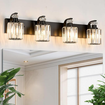 Black Bathroom Light Fixtures with K9 Crystal Lampshade Bathroom Lighting Over Mirror Vanity Lights for Living Room,Bedroom,Restroom,Hallway 4 Lights