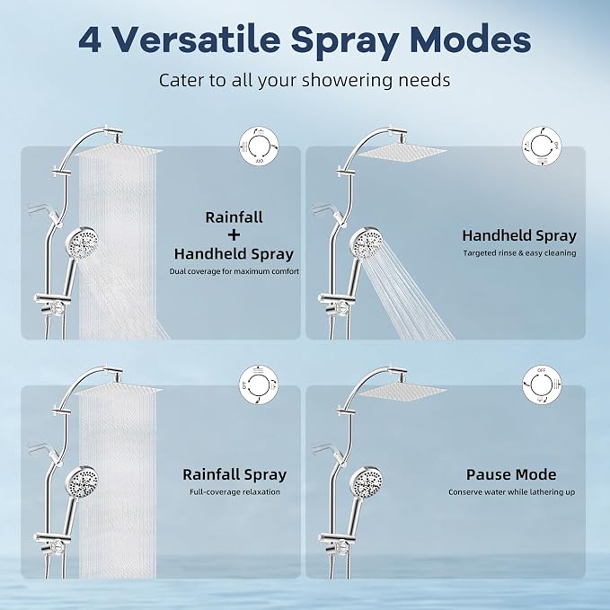 Hibbent 10'' All Metal Showerhead Combo & 10 Mode Filtered Handheld, Chrome | High Pressure Stainless Steel Showerhead, 4-way Diverter, Heightened All Metal Extension Arm, 71'' Hose & Holder, Easy Reach