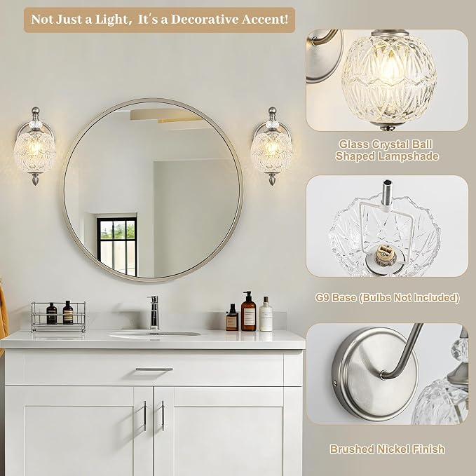 1 Piece Brushed Nickel Wall Sconce, 1-Light Mid Century Modern Brushed Nickel Finish Wall Sconce with Globe Glass Shade, Modern Light for Bathroom, Bedroom, Living Room,Powder Room