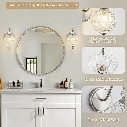 1 Piece Brushed Nickel Wall Sconce, 1-Light Mid Century Modern Brushed Nickel Finish Wall Sconce with Globe Glass Shade, Modern Light for Bathroom, Bedroom, Living Room,Powder Room