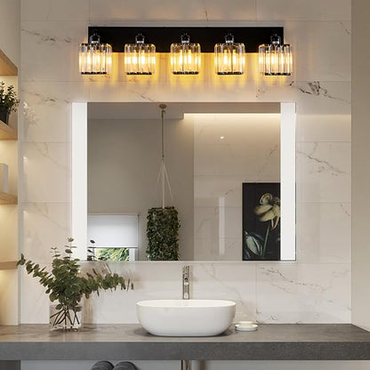 Black Crystal Bathroom Lighting Fixtures, 5 Light Modern Crystal Bathroom Vanity Lights Over Mirror, Wall Light Bathroom Light Fixtures