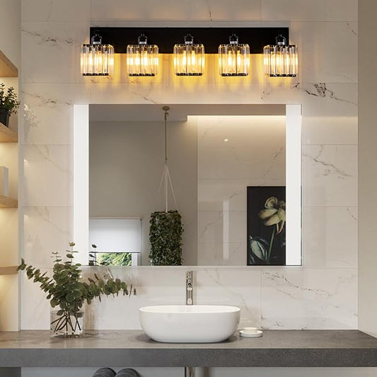 Black Crystal Bathroom Lighting Fixtures, 5 Light Modern Crystal Bathroom Vanity Lights Over Mirror, Wall Light Bathroom Light Fixtures