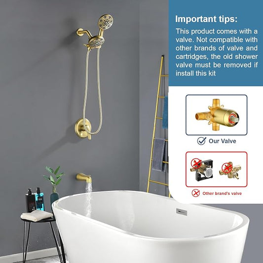 Tub and Shower Faucet Set Complete Dual Shower Head and Handheld 2 in 1 Combo Set Shower System with Tub Spout Tub and Shower Trim Kit Brushed Gold
