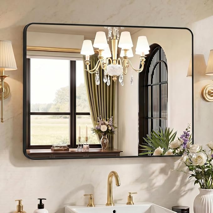 OLIXIS 40x30 Inch Bathroom Wall Mount Mirror with Rounded Rectangle, Black | Modern Wall Vanity Mirrors for Over Sink with Matte Brush Metal Framed, for Home Decor, Living Room, Bedroom