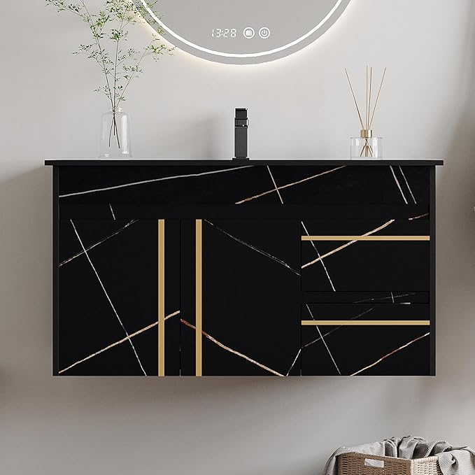 Pvillez 36 inch Bathroom Vanity with Ceramic Sink and Sinter Stone Marble Counter Top Modern Black Wall Mounted Floating Bathroom Sink Cabinet with 2 Drawers, 1 Cupboard and Gold Metal