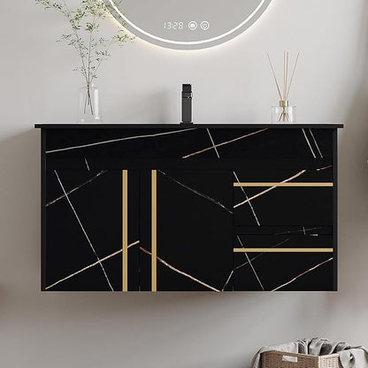 Pvillez 36 inch Bathroom Vanity with Ceramic Sink and Sinter Stone Marble Counter Top Modern Black Wall Mounted Floating Bathroom Sink Cabinet with 2 Drawers, 1 Cupboard and Gold Metal