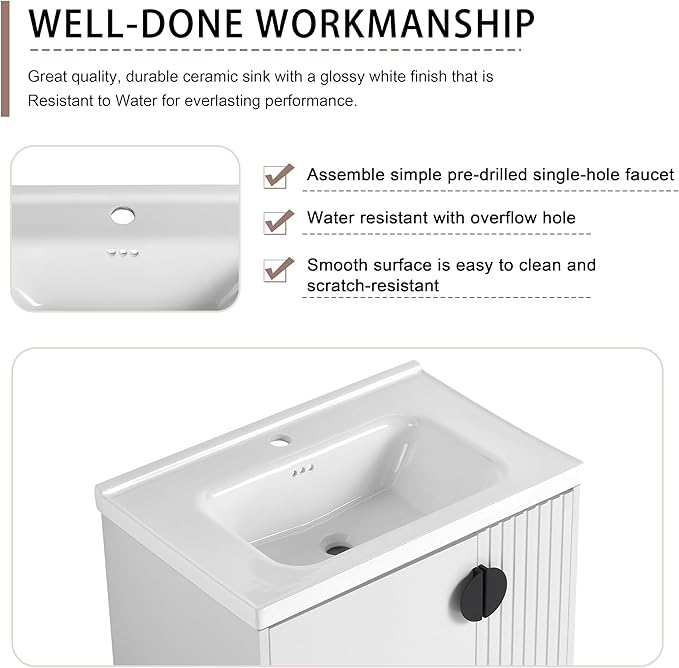 SSLine 28" Wall-Mount Bathroom Vanity Modern Floating Bathroom Vanity Set with Ceramic Sink Basin & Storage Cabinet 28-Inch Luxury White Small Bathroom Vanities with Round Metal Handles