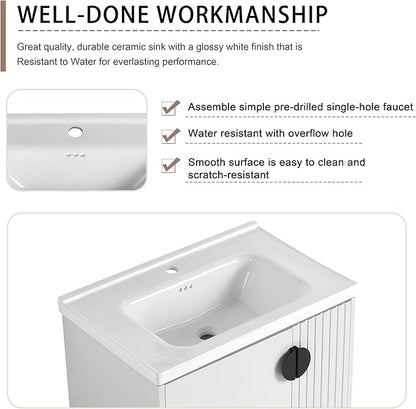 SSLine 28" Wall-Mount Bathroom Vanity Modern Floating Bathroom Vanity Set with Ceramic Sink Basin & Storage Cabinet 28-Inch Luxury White Small Bathroom Vanities with Round Metal Handles