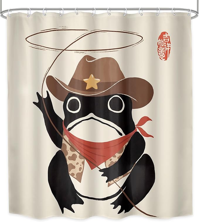 LGhtyro Funny Cowboy Frog Shower Curtain Bathroom Set 71Wx71H Inches Retro Western Rodeo Animal Cute Hat Asian Traditional Japanese Art Bath Accessories Black Beige Art Home Decor Fabric 12 Pack Hooks