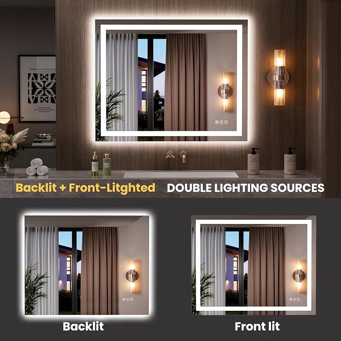 LOAAO 39.4"x31.5" LED Bathroom Mirror with Lights, UL Listed | Anti-Fog, Dimmable, 3 Color Temperature, Backlit + Front Lit, Memory Function, Tempered Glass