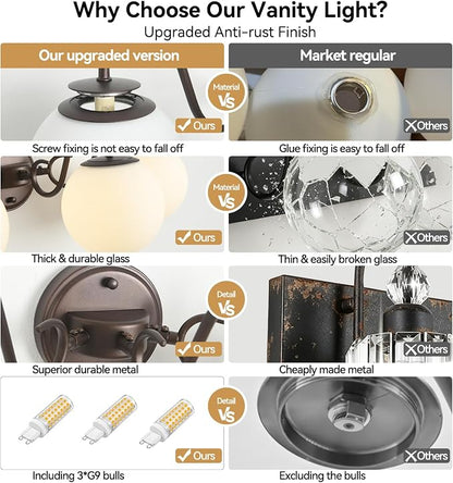 3 Lights Vintage Bathroom Vanity Light Fixtures Over Mirror, Oil Rubbed Bronze Vanity Lights For Bathroom With Milk Glass Globe Shade, Wall Lights For Bedroom, Hallway, Dressing Table(G9 Incl.)