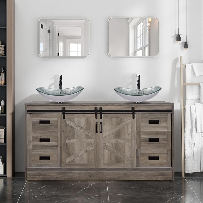 60" Barn Door Bathroom Vanity with 6 Drawers and Two Doors, Farmhouse Style Standing Pedestal Cabinet with Two Silver Boat Glass Vessel Sinks