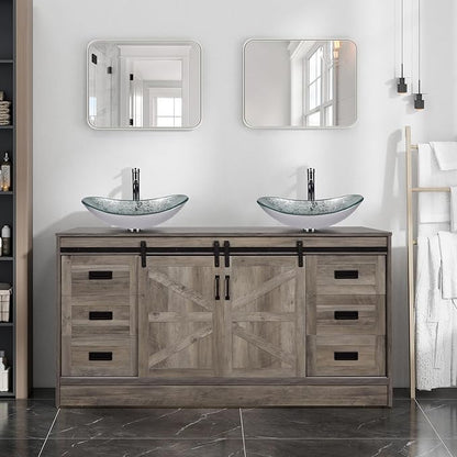 60" Barn Door Bathroom Vanity with 6 Drawers and Two Doors, Farmhouse Style Standing Pedestal Cabinet with Two Silver Boat Glass Vessel Sinks