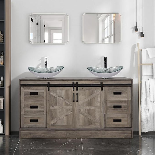60" Barn Door Bathroom Vanity with 6 Drawers and Two Doors, Farmhouse Style Standing Pedestal Cabinet with Two Silver Boat Glass Vessel Sinks