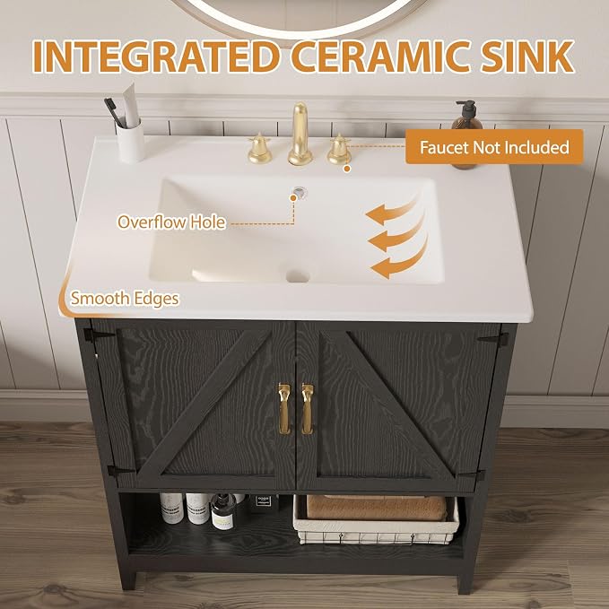 30 Inch Bathroom Vanity with Sink, Pedestal Sink Storage Cabinet with 2 Doors & LED Light, Mid-Century Modern Bathroom Vanity with Open Bottom Shelf, Black