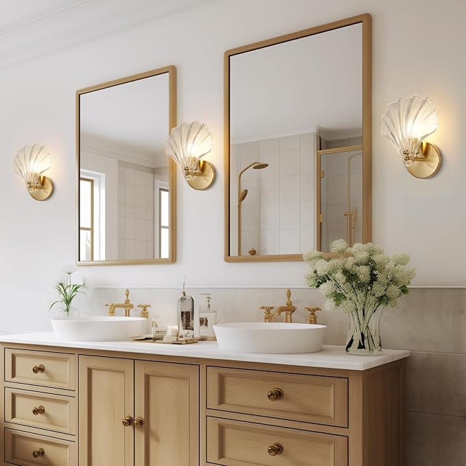 Gold Wall Sconces for Bathroom, Vanity Light Fixtures, Modern Sconces Wall Lights with Clear Shell Shaped Glass Shades, Bathroom Light Fixtures for Living Room, Bedroom, Hallway, mirror, Kitchen, E12