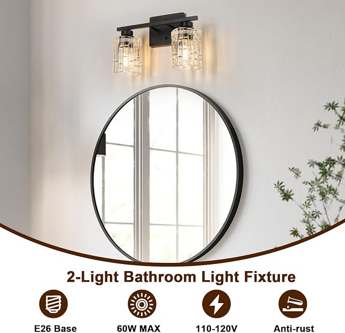 Refice 2-Light Bathroom Vanity Lights Crystal Glass, Black | Bathroom Light Fixtures Vanity Lighting Over Mirror for Living Room Farmhouse, Hallway