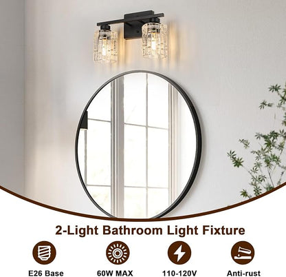 Refice 2-Light Bathroom Vanity Lights Crystal Glass, Black | Bathroom Light Fixtures Vanity Lighting Over Mirror for Living Room Farmhouse, Hallway