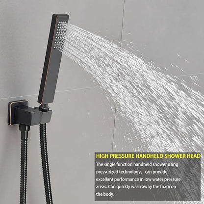Oil Rubbed Bronze 10 Inch Rain Shower Head Ceiling Mount with Handheld, 59 Inch Hose, Mixer Valve, Bracket Holder, Rain Setting, 1 Handle, Brass, Stainless Steel, Shower Kit
