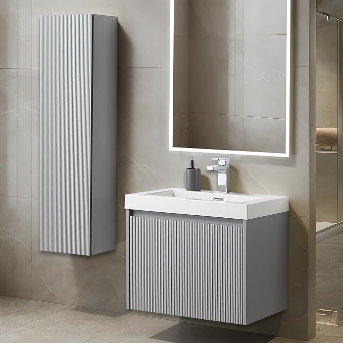 Blossom 24 Inch Bathroom Vanity with Sink and Side Cabinet, All Wood Floating Bathroom Vanity with Acrylic Sink, Bathroom Sink Cabinet with Soft-Close Drawer, Modern Style Vanities, Light Grey