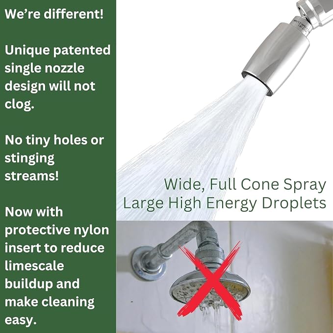 High Sierra® - CLASSIC™ Solid Lead-Free Metal 1.8 GPM Award Winning. Low Flow Shower Head. Patented Nozzle Never Clogs - Brushed Nickel Finish