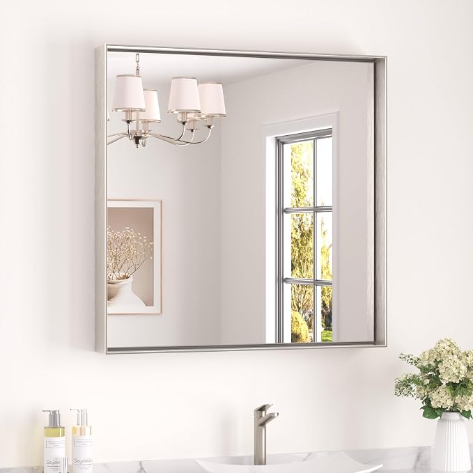 Keonjinn 30x30 Inch Brushed Nickel Bathroom Mirror for Over Sink, Rectangle | HD Tempered Glass, Vanity Mirror, Brushed Framed, Square Corner, Modern Farmhouse, Wall Mounted Mirrors, Aluminum Alloy