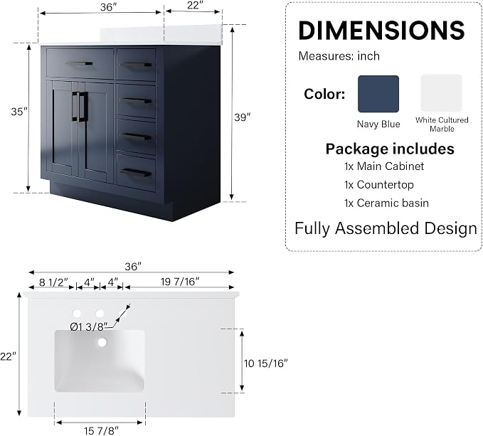 36-Inch Bathroom Vanity with Sink W/ 2 Doors & 4 Drawers & 1 Flip Drawer,Navy Blue Vanity W/Matte Black Handles