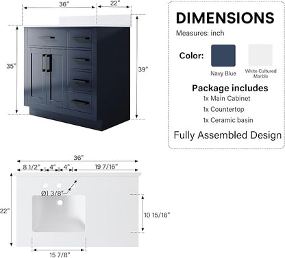 36-Inch Bathroom Vanity with Sink W/ 2 Doors & 4 Drawers & 1 Flip Drawer,Navy Blue Vanity W/Matte Black Handles