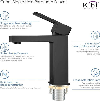 Matte Black Bathroom Sink Faucet - Solid Brass Single Handle with Pop-Up Drain | High Arc Cubic Spout Lavatory Faucet, Corrosion-Resistant, Easy DIY Install (KBF1002)