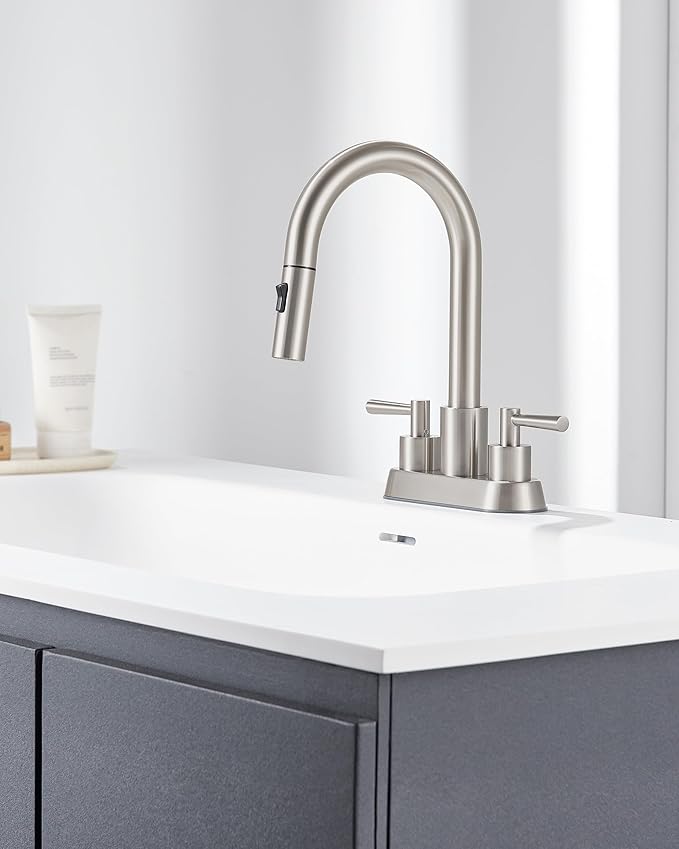 Bathroom Sink Faucet with Pull Out Sprayer 2 Handles, Brushed Nickel Pull Down Bathroom Faucet 3 Holes, 4 Inch Sink Faucet Bathroom, 360 Degree Swivel Spout, Pop Up Drain Assembly Included