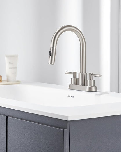 Bathroom Sink Faucet with Pull Out Sprayer 2 Handles, Brushed Nickel Pull Down Bathroom Faucet 3 Holes, 4 Inch Sink Faucet Bathroom, 360 Degree Swivel Spout, Pop Up Drain Assembly Included