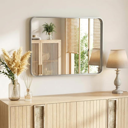 Sweetcrispy Bathroom Mirror 40x32 Inch, Vanity Mirror for Wall | Metal Framed Rounded Rectangle, Over Sink, Farmhouse, Restroom, Anti-Rust, Horizontal or Vertical Hanging, Silver