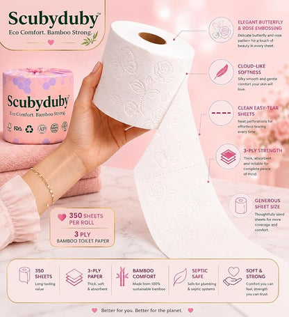 Premium & Soft Bamboo Toilet Paper | PFAS Free | 12 Mega Rolls, 3 ply & 350 Sheets | Non Toxic, Septic Safe, BPA Free | Tree Free Toilet Tissue | Plastic Free Packaging