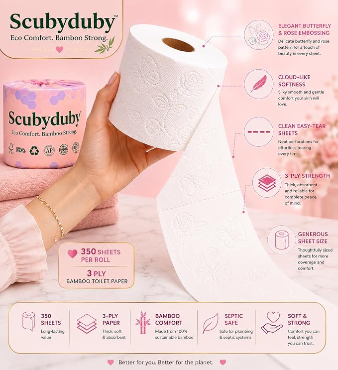 Bamboo Toilet Paper | 24 Mega Rolls | 3-Ply | 350 Sheets | PFAS Free | FSC Certified | Septic Safe | Tree-Free Toilet Tissue | Soft & Strong for Sensitive Skin | Plastic-Free Packaging