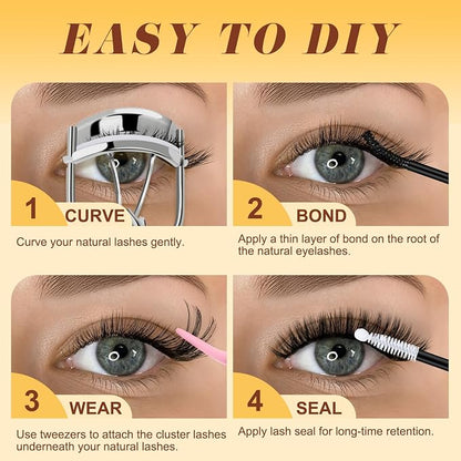 QUEWEL 580PCS Lash Clusters Kit 30D+40D+50D+60D+80D+100D Lash Clusters Kit | 10-18mm Cluster Lashes Individual Eyelash Clusters Reusable for Natural DIY Cluster Eyelash Extensions for Beginners