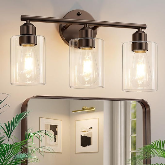 3-Light Bathroom Vanity Light Fixture, Modern Wall Lamp for Mirror with Clear Glass Shade (D-Clear Glass & Brown)