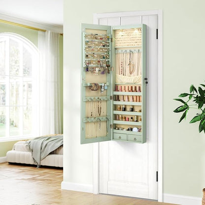 Giantex Wall Door Mounted Jewelry Armoire Cabinet with 47.5" Full Length Mirror, 2 LEDs Lockable Jewelry Organizers and Storage with 2 Drawers, Over the Door Jewelry Organizer Cabinet (Sage)
