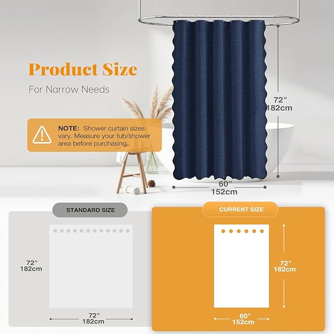 BTTN 60 Inch Stall Shower Curtain, Boho Scalloped Linen Textured Heavy Duty Fabric Shower Curtain Set with 10 Hooks, Narrow Country Waterproof Fabric Shower Curtains for Bathroom, 60x72, Navy Blue