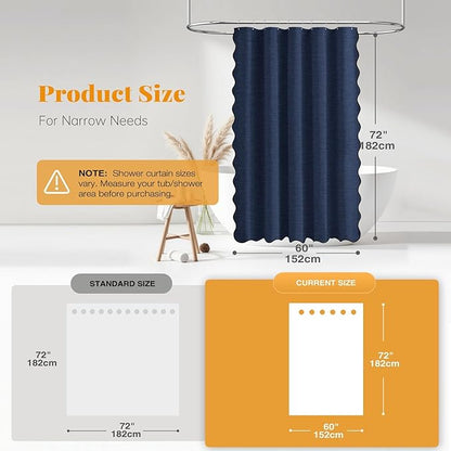 BTTN 60 Inch Stall Shower Curtain, Boho Scalloped Linen Textured Heavy Duty Fabric Shower Curtain Set with 10 Hooks, Narrow Country Waterproof Fabric Shower Curtains for Bathroom, 60x72, Navy Blue