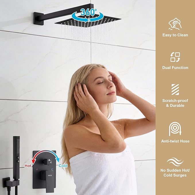 Rain Shower System, 8''Square Rain Head,2-Spray Handheld, Matte Black | 2 Spray Functions,Anti-Tangle Explosion-proof PVD Hose,Balance Temp Valve,Rust-proof & Scratch-resistant