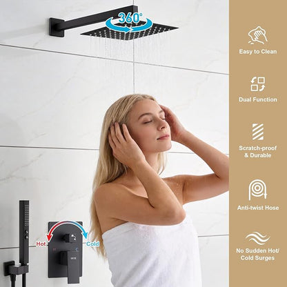 Rain Shower System, 8''Square Rain Head,2-Spray Handheld, Matte Black | 2 Spray Functions,Anti-Tangle Explosion-proof PVD Hose,Balance Temp Valve,Rust-proof & Scratch-resistant