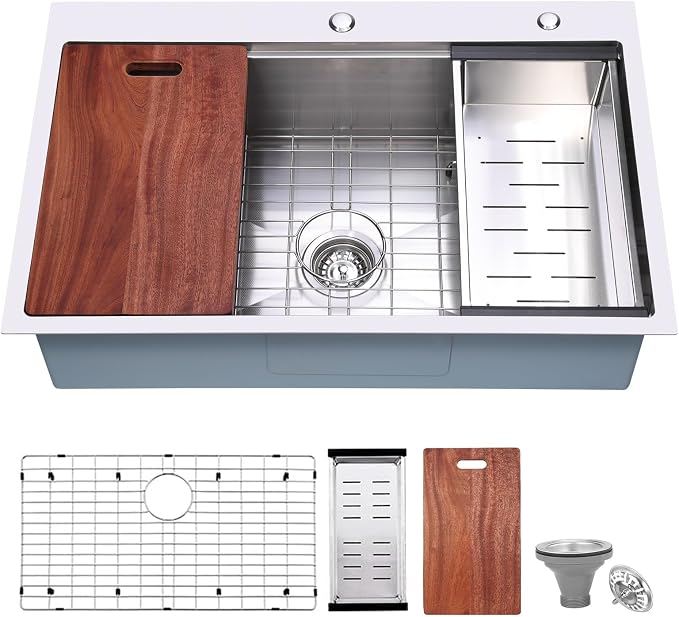 Drop-in Kitchen Sink 33"x22" Workstation:3D Micro-pebble Embossed | 18-Gauge Stainless Steel Sink, 9" Deep, Top Mount, Scratch-Resistant Embossed Surface, for Large Families