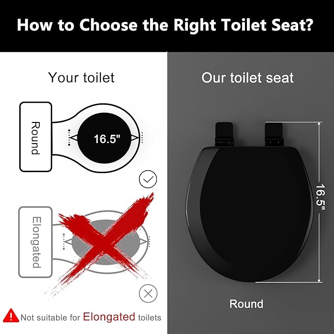 Angol Shiold Quiet-Close Molded Wood Toilet Seat with Non-Slip Adjustable Hinges, Anti-Pinch Bumpers, Easy Install & Clean（Black, Round 16.5''）