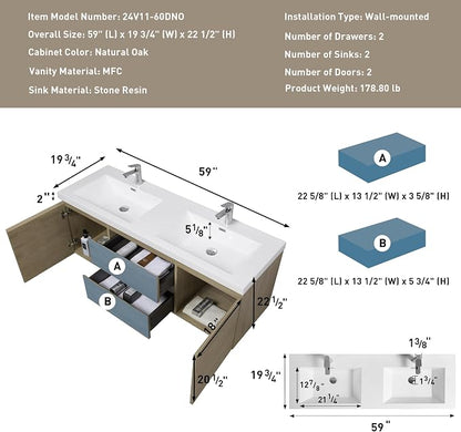 60 Inch Floating Bathroom Vanity with Double Sink, Large Storage Wall Mounted Floating Vanity with Soft Close Drawers, One-Piece Basin Bathroom Sink Cabinet (Natural Oak, 60" Double Sink)