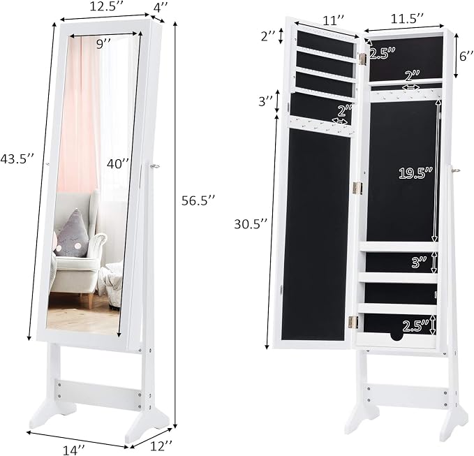 GIANTEX Jewelry Cabinet with Full-Length Mirror, Standing Jewelry Armoire Organizer with 64 Earring Slots, 72 Ring Slots, 20 Necklace Hooks, 4 Storage Shelves, 3 Angle Adjustable (White)