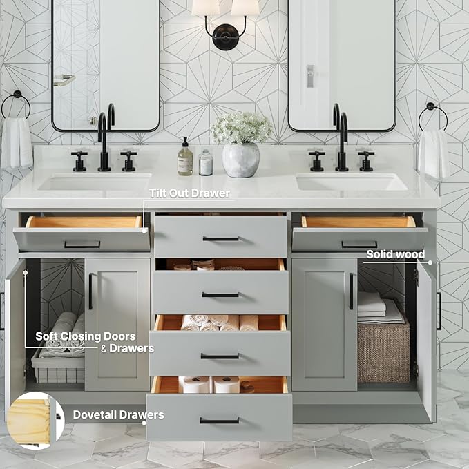 ARIEL Hepburn 66-inch Bathroom Vanity with Sink,Solid Wood, 1.5-inch Pure White Quartz Countertop & Backsplash, Double Rectangular Porcelain Sink, 4 Soft Closing Doors, 6 Dovetail Drawers, Grey